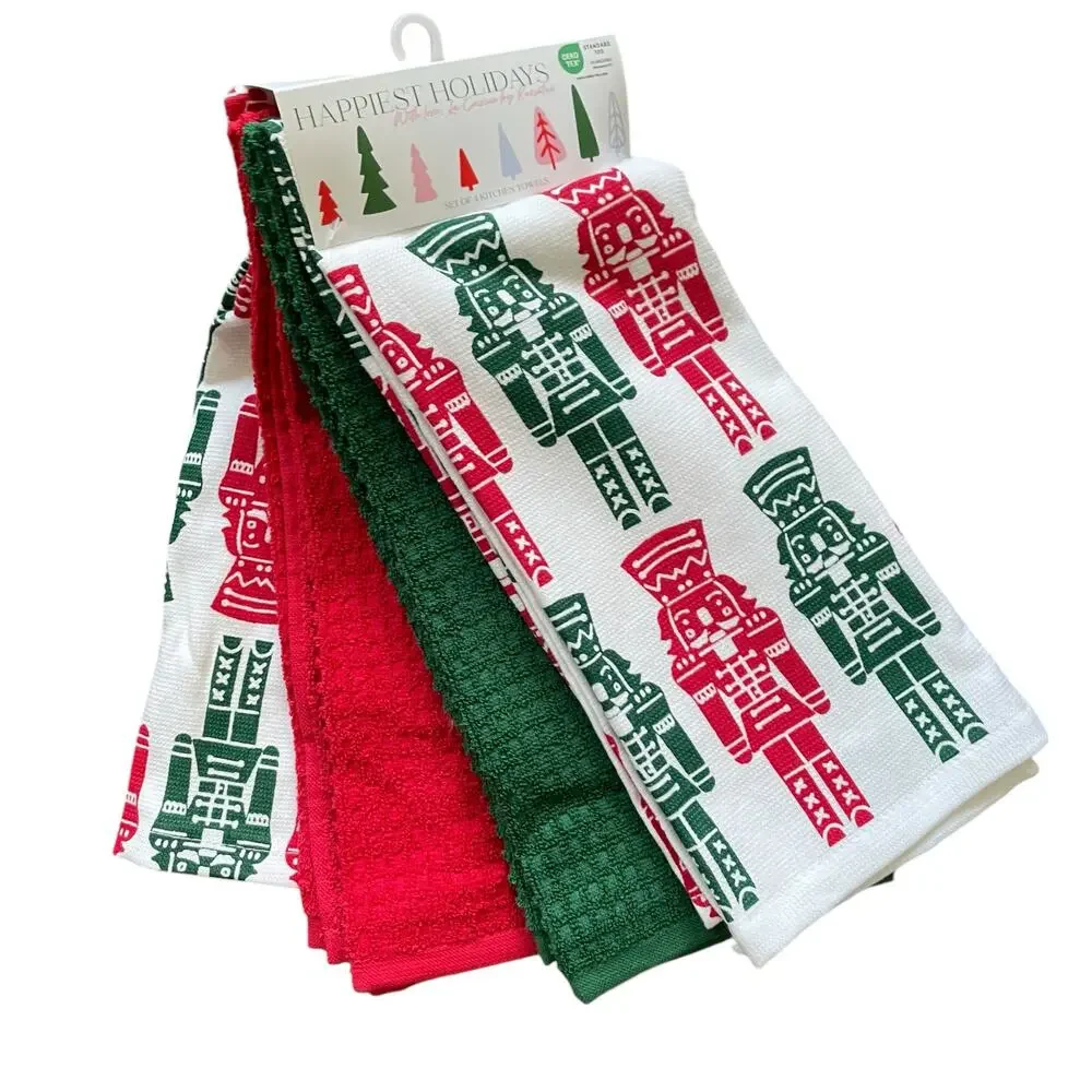 La Cuisine Christmas NUTCRACKER Kitchen Towels Set of 4 HOLIDAY Green Red White